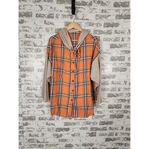 POL Hooded Flannel Top Size Small Orange Plaid Raw Hem Long Boho Waffle Oversize